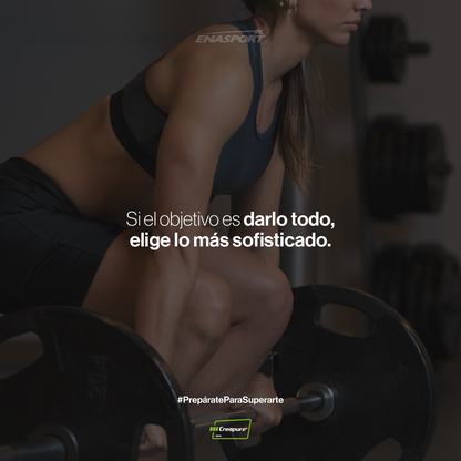Creatina monohidrato Creapure de Enasport en envase individual, muestra la etiqueta y el contenido en polvo blanco