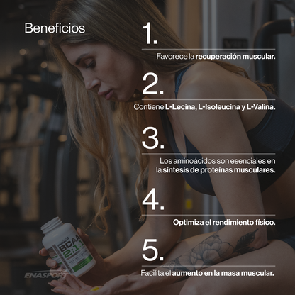 Suplemento individual de BCAA 2:1:1 de Enasport, polvo con aminoácidos esenciales para recuperación muscular.