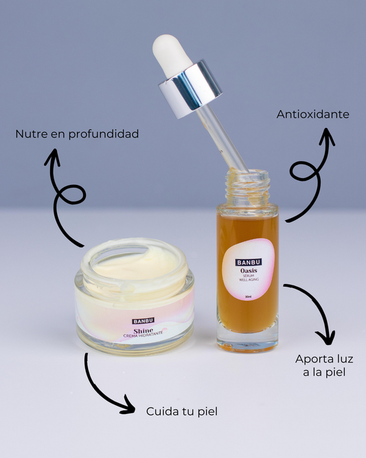 Pack facial básico para piel seca de BANBU, incluye productos ecológicos para cuidado facial y envejecimiento saludable.