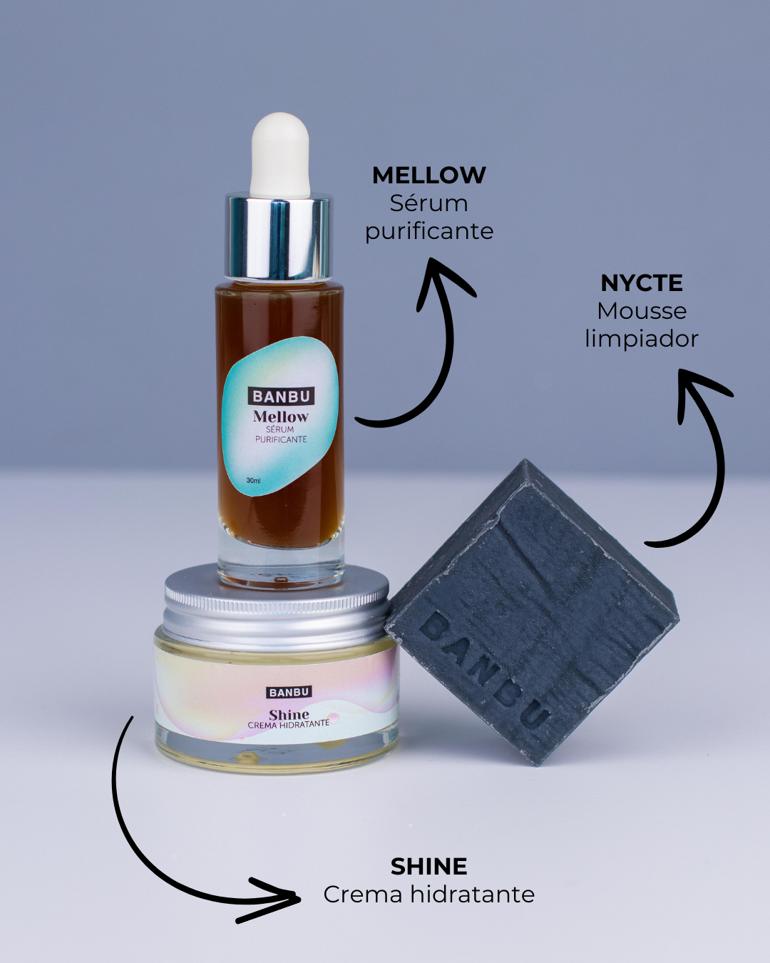 Pack de productos BANBU para rutina facial media para piel mixta y grasa, cuidado natural y ecológico para el rostro.