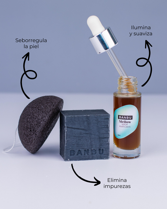Pack facial BANBU para piel acneica con productos ecológicos, diseñado para limpiar y tratar la piel propensa a granos y acné.