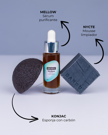 Pack de productos faciales BANBU para piel acneica, incluyendo limpiador, tónico y crema en envase ecológico.