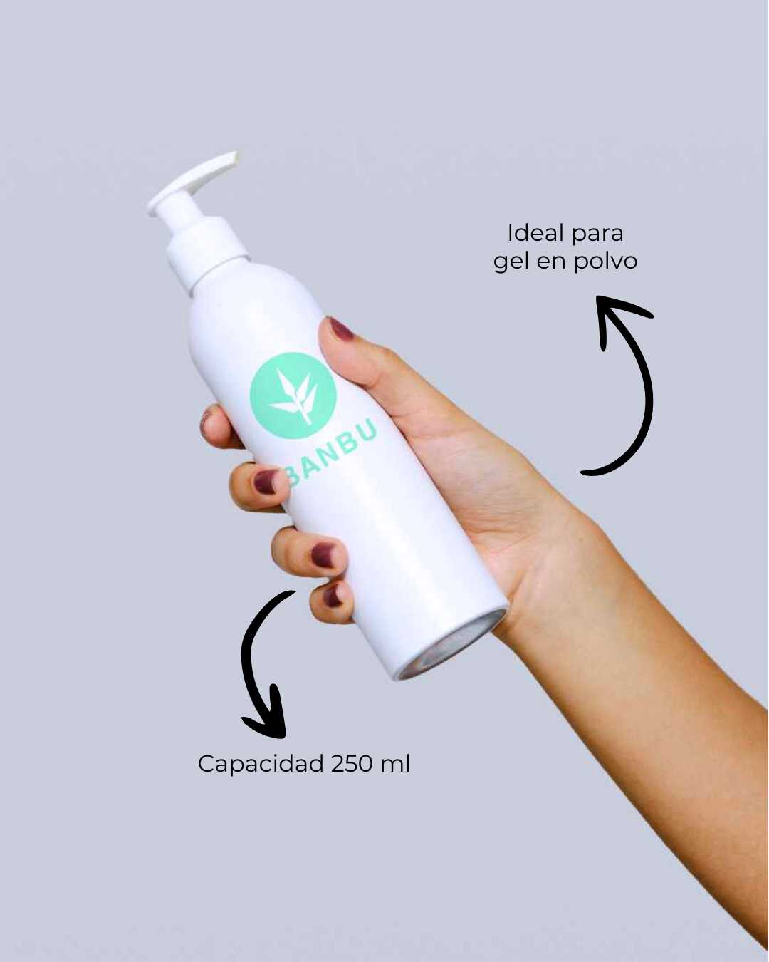 Botella para gel en polvo BANBU, diseñada para ducha o peinado, con tapa y boquilla para aplicar el producto fácilmente.
