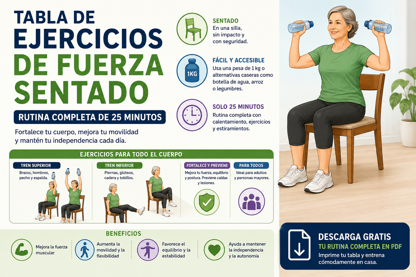 Tabla de Ejercicios de Fuerza Sentado – Rutina de 25 Minutos