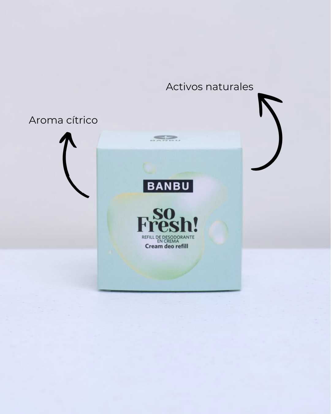 Recambio de desodorante en crema ECO SO FRESH de BANBU, envase con recarga y características del producto visible.