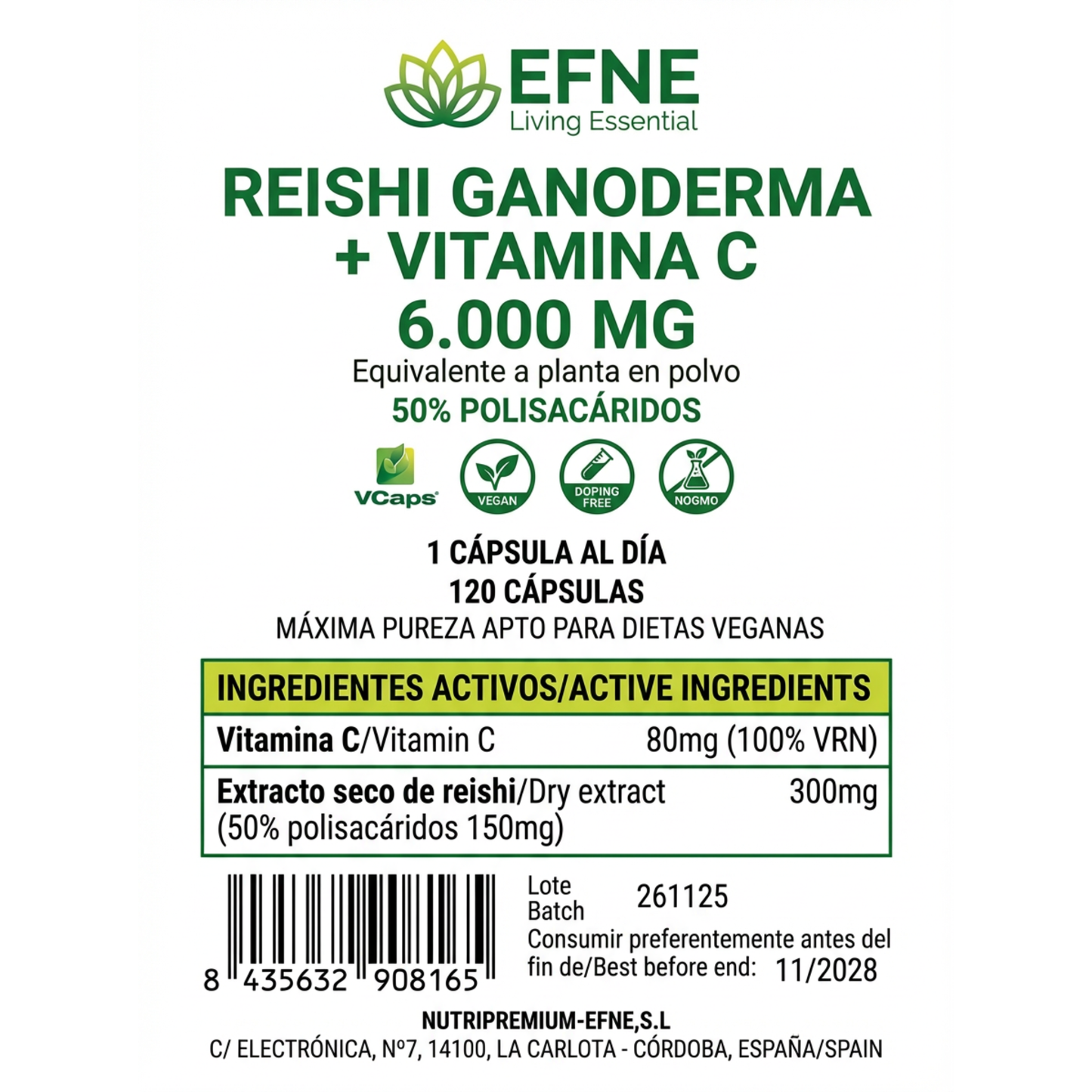 Reishi Ganoderma 6.000mg + Vitamina C EFNE: Refuerza Inmunidad y Controla el Estrés