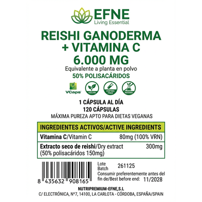 Reishi Ganoderma 6.000mg + Vitamina C EFNE: Refuerza Inmunidad y Controla el Estrés