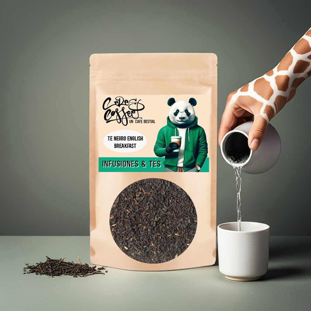 Té negro English Breakfast de Ceres Coffee en taza, mostrando hojas de té y aroma intenso, alto en energía y sabor clásico.