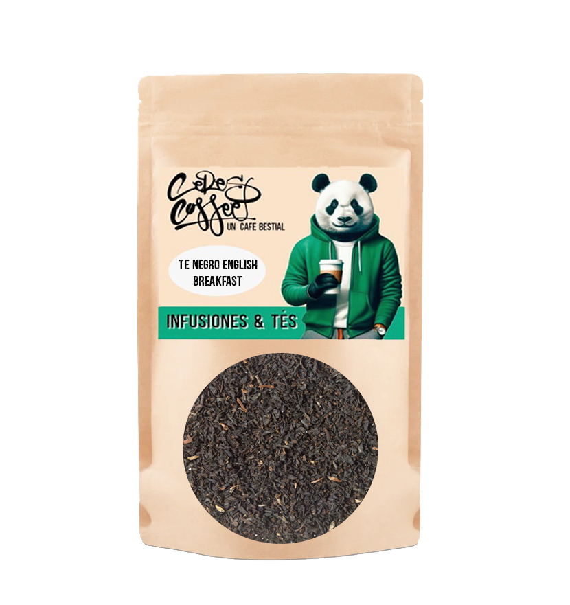 Té negro English Breakfast de Ceres Coffee en taza, mostrando hojas de té secas y aroma intenso, ideal para un desayuno energizante