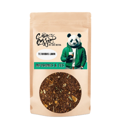 Té Rooibos Limón de Ceres Coffee en taza, con rodajas de limón y hojas de té en fondo natural.