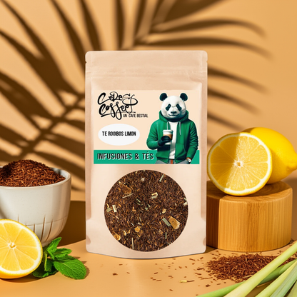 Té rooibos limón de Ceres Coffee en taza, con rodajas de limón y hojas de té en fondo blanco.