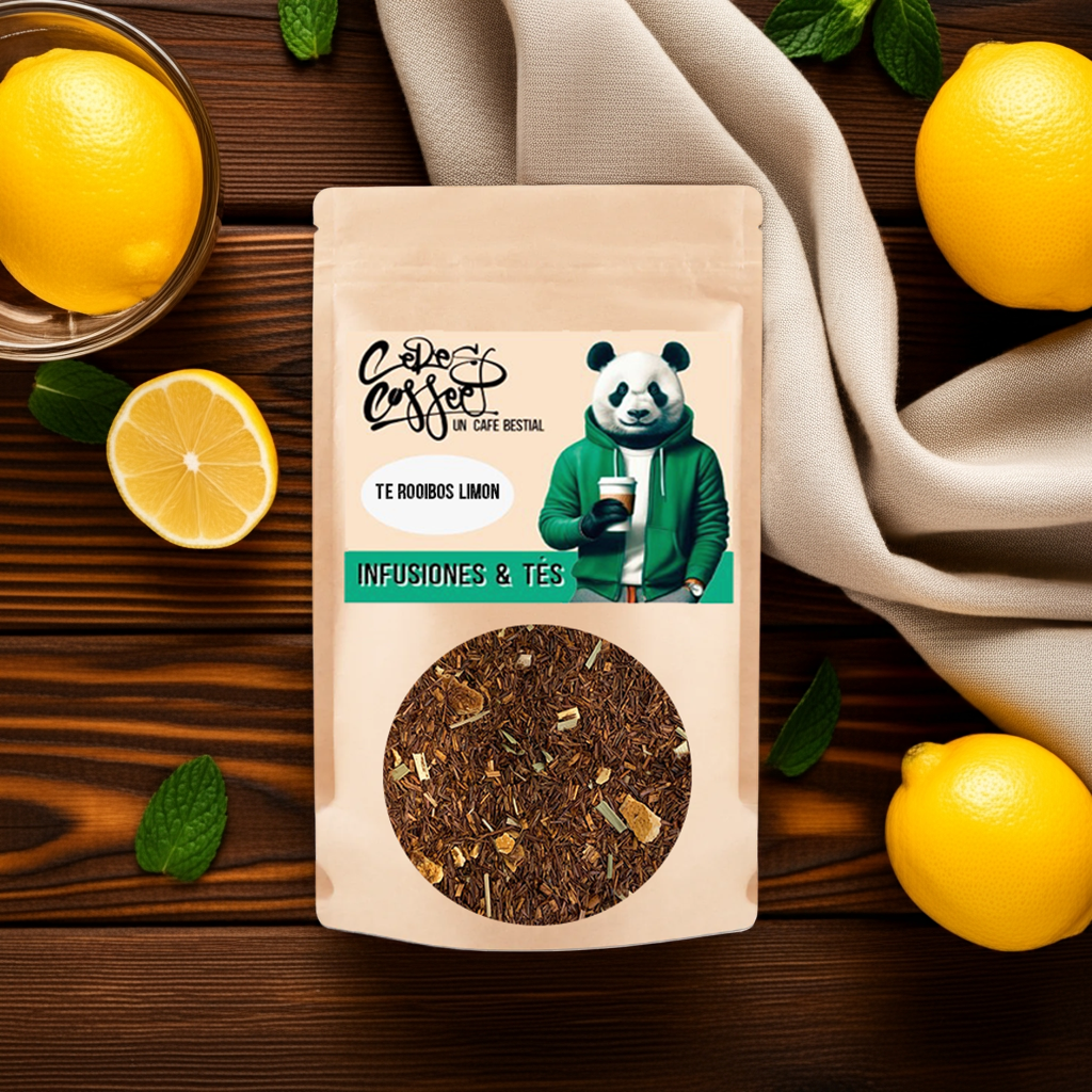 Té Rooibos limón de Ceres Coffee en taza, con rodajas de limón y hojas de té rooibos en fondo blanco