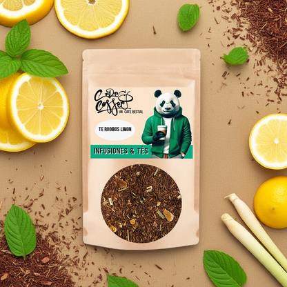 Té Rooibos Limón de Ceres Coffee en taza, con limón y hojas de té, para un momento refrescante y relajante.