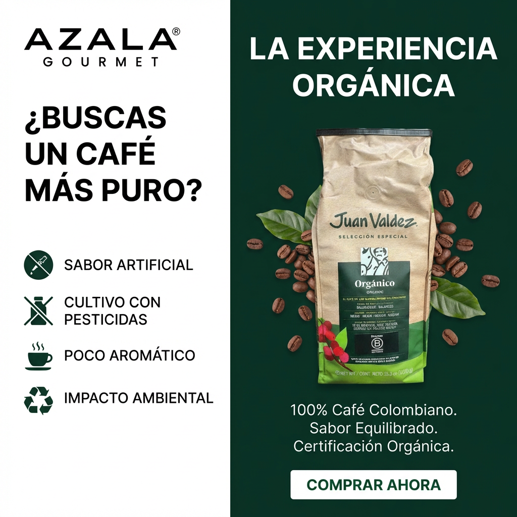 Café orgánico colombiano Juan Valdez Café de 1kg en paquete de AZALA GOURMET, granos de café frescos y aromáticos.