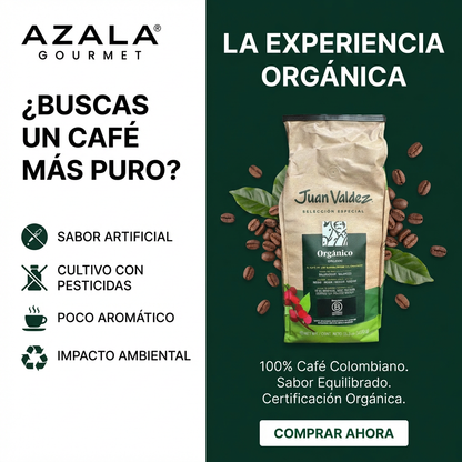 Café orgánico colombiano Juan Valdez Café de 1kg en paquete de AZALA GOURMET, granos de café frescos y aromáticos.