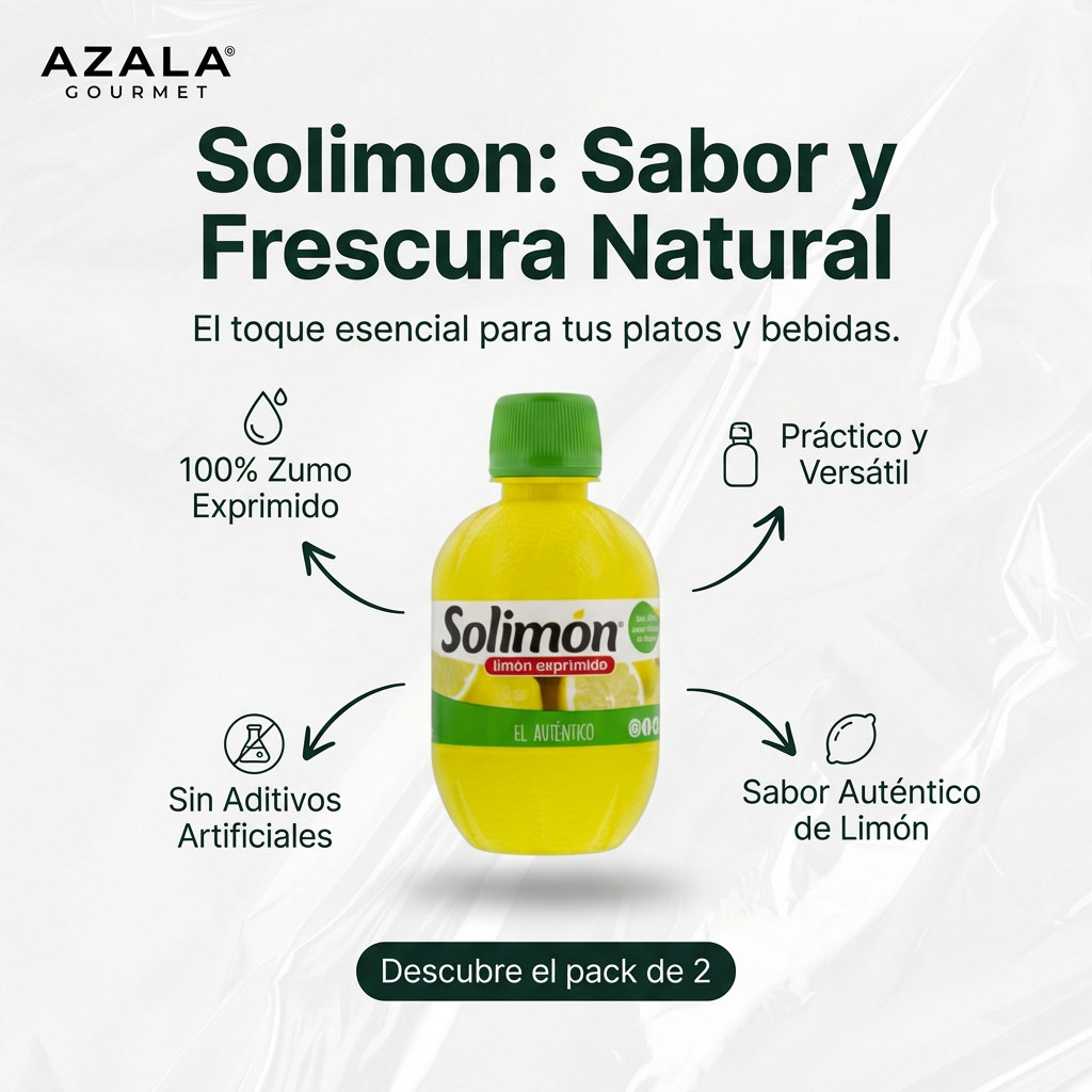 Zumo de limón exprimido natural de la marca Solimon, en botella transparente, con gotas de jugo visible y fondo blanco.