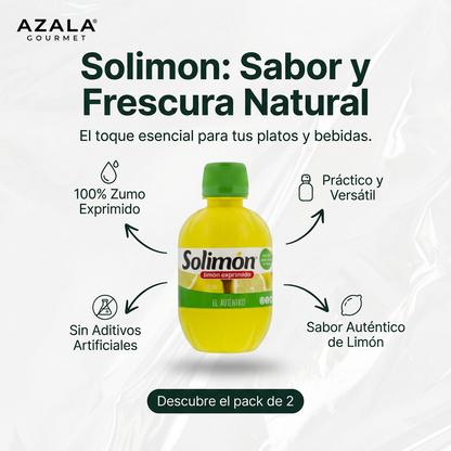 Zumo de limón exprimido natural de la marca Solimon, en botella transparente, con gotas de jugo visible y fondo blanco.