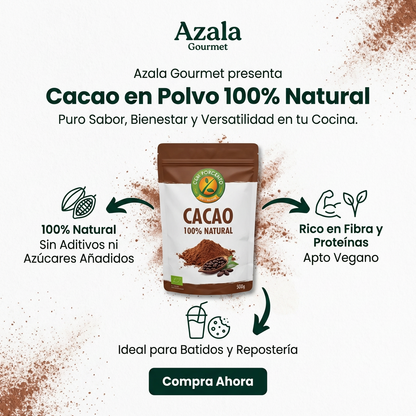 Cacao en polvo 100% natural de AZALA GOURMET, envase de 1 kg, mostrando el polvo de cacao en un recipiente.