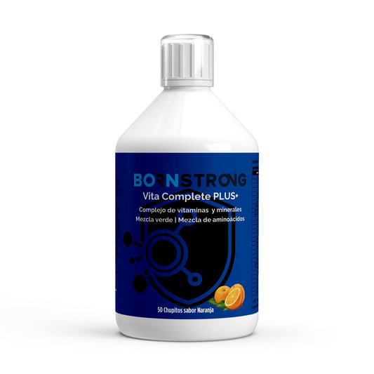 Suplemento vitamínico multivitamínico BORNSTRONG FITNESS Vita Complete PLUS+ con naranja fresca, aminoácidos y boost energético.
