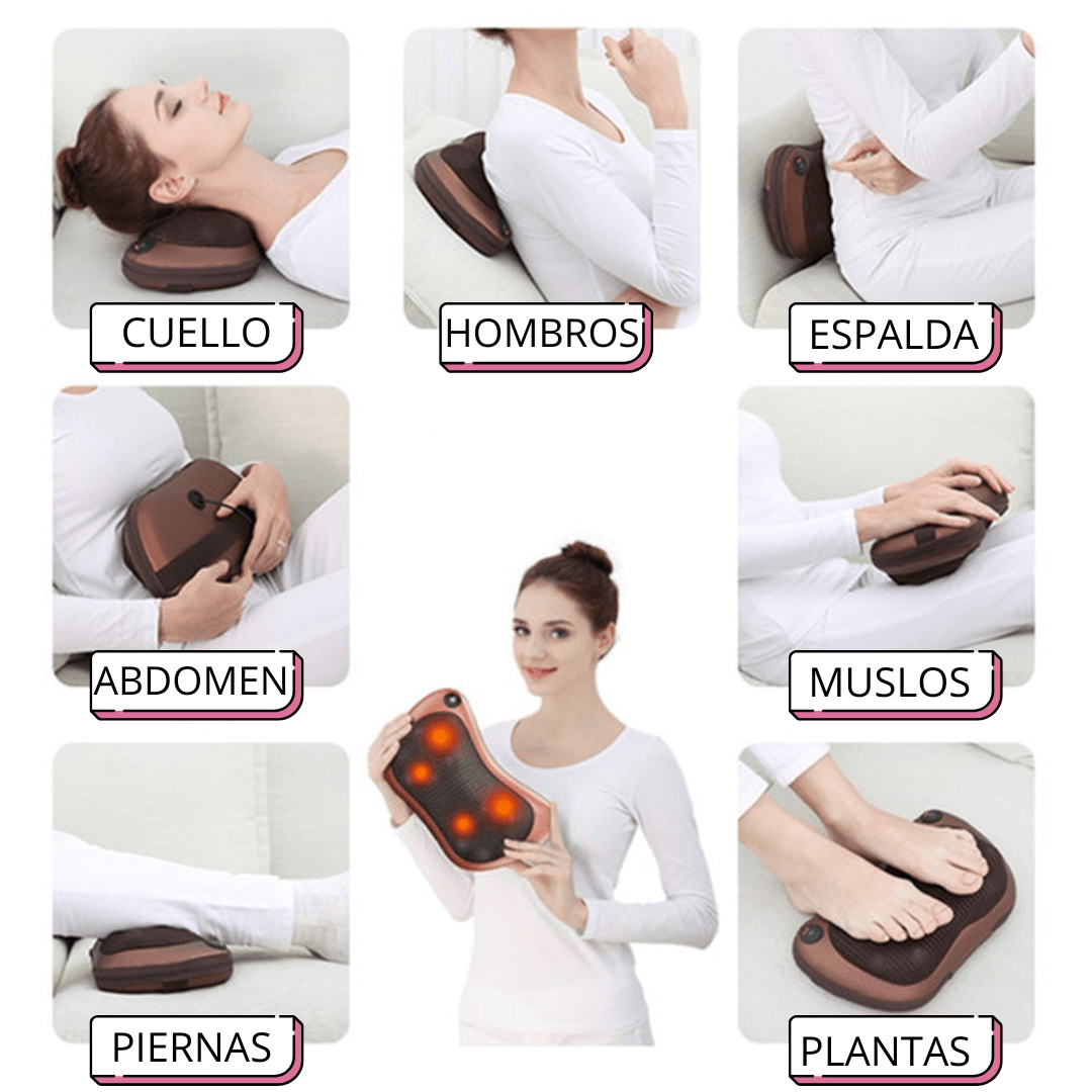 Almohada de masaje innovagizmo.com, con cojín ergonómico y tecnología de vibración para aliviar tensiones musculares.
