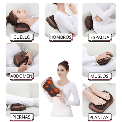 Almohada de masaje innovagizmo.com, con cojín ergonómico y tecnología de vibración para aliviar tensiones musculares.
