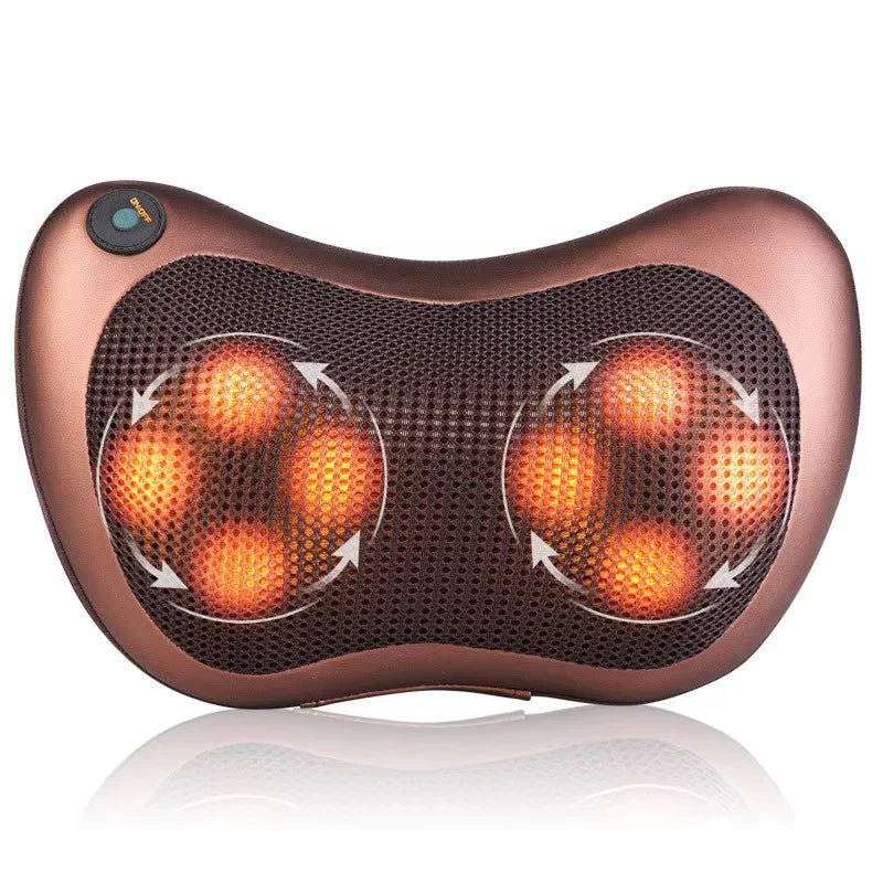 Almohada de masaje innovagizmo.com para aliviar tensión, con rodillos y cubierta suave, diseñada para relajación y bienestar corporal.