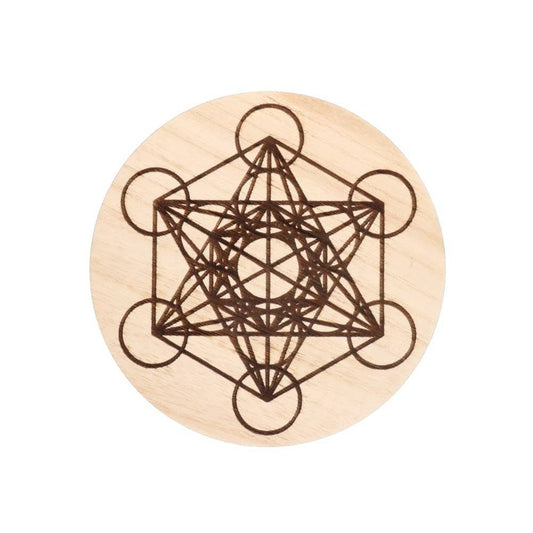 Altar de madera con símbolo de Metatrón, decorativo y espiritual, ideal para espacios de meditación y rituales religiosos.