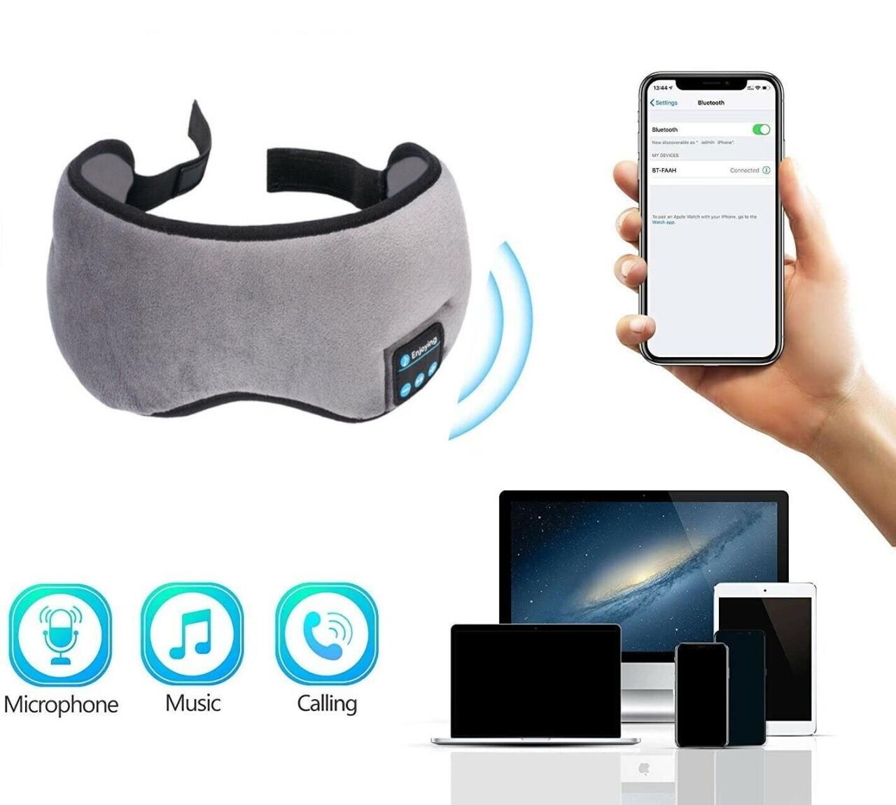 Antifaz Bluetooth negro de innovagizmo.com con auriculares integrados para relajación y bloqueo de luz.
