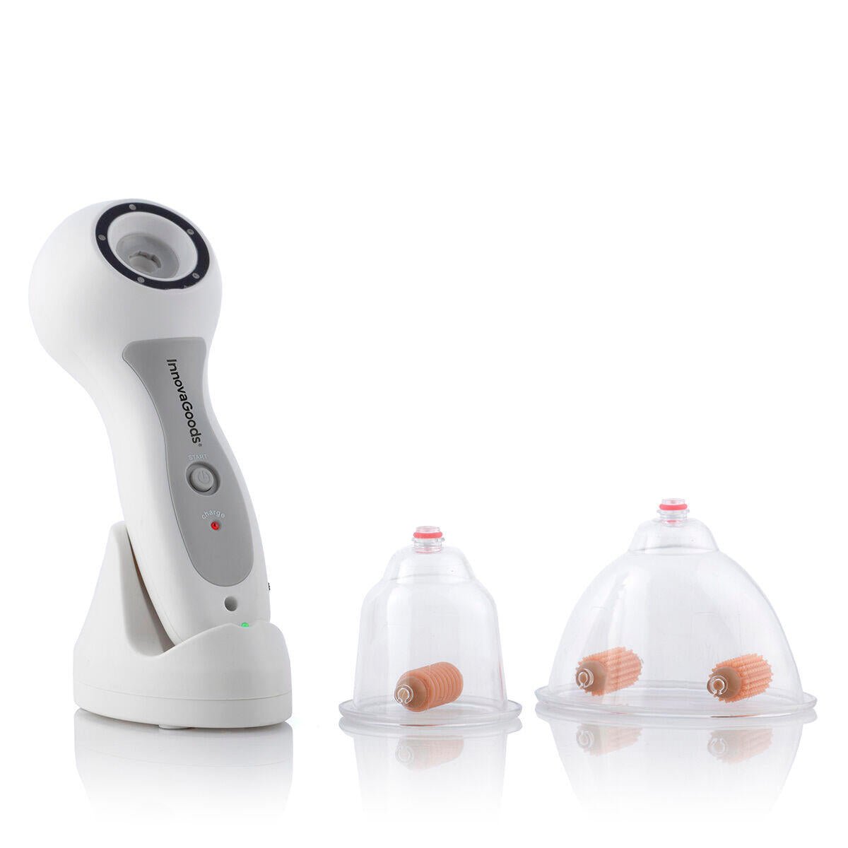 Aparato anticelulítico de vacumterapia Pro InnovaGoods, dispositivo para reducir celulitis con boquillas y controles en color blanco y negro.
