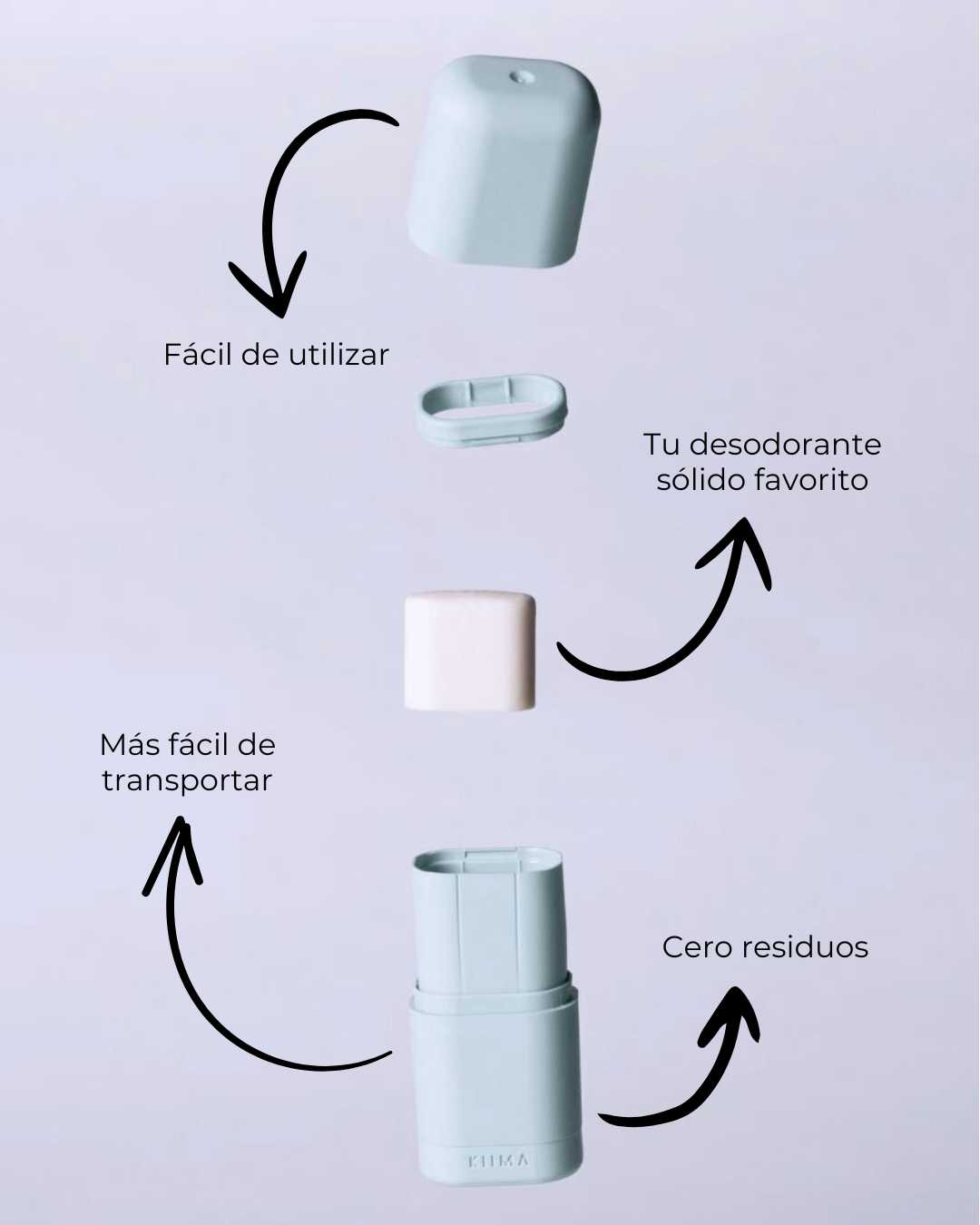Aplicador de desodorante sólido ecológico BANBU con tres recambios para piel normal, en un fondo neutro.
