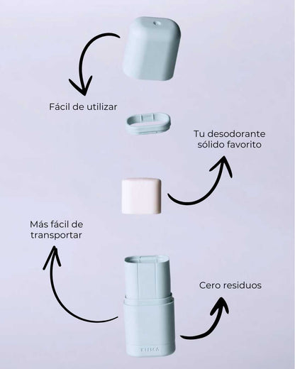 Aplicador de desodorante sólido ecológico BANBU con tres recambios para piel normal, en un fondo neutro.