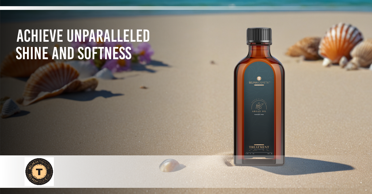 Sérum de aceite de argán Belma Kosmetik de la marca XARODIST, con frasco de aceite de argán en un fondo natural.