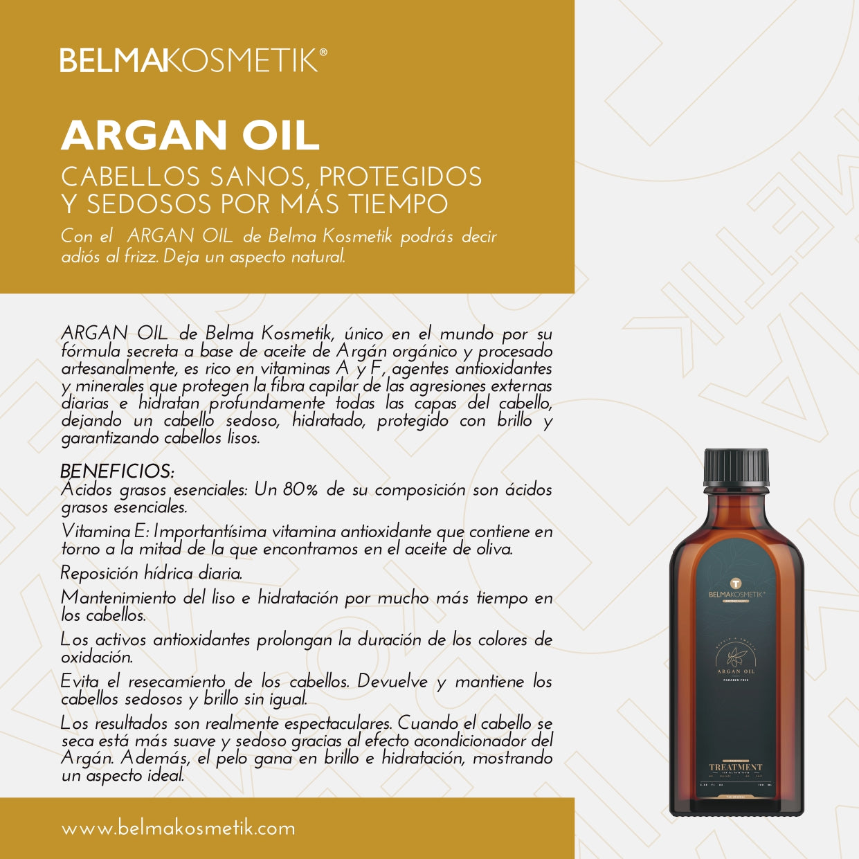 Sérum de argán Belma kosmetik con aceite de argán, frasco con gotero y etiqueta, para cuidado de la piel.