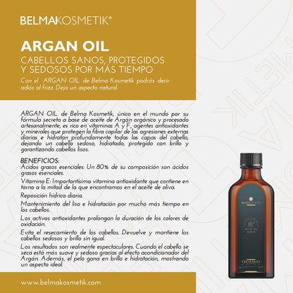 Sérum de argán Belma kosmetik con aceite de argán, frasco con gotero y etiqueta, para cuidado de la piel.