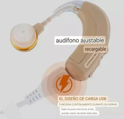 Audífono amplificador innovagizmo.com, dispositivo portátil para mejorar la audición, con diseño compacto y funcional.