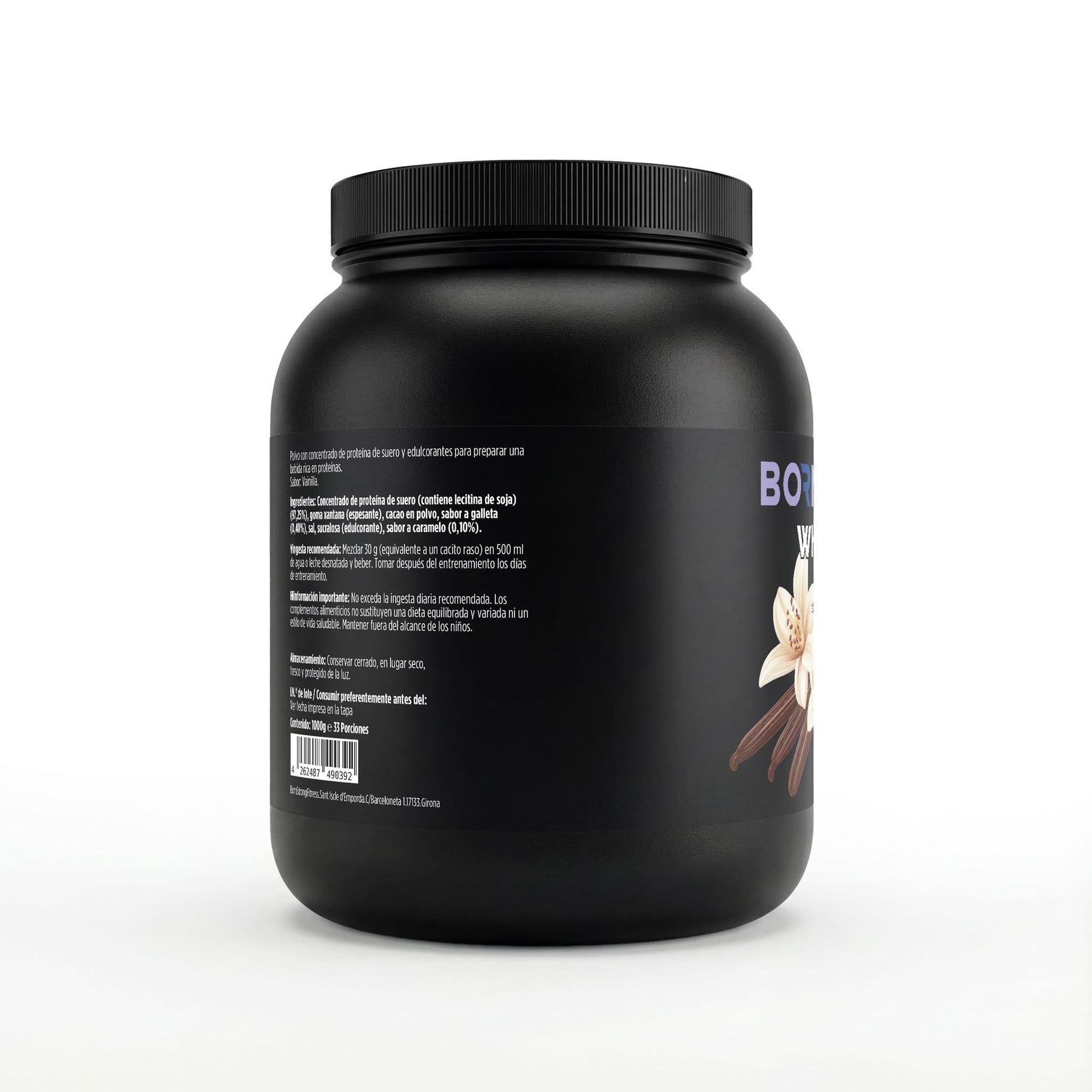 Proteína de suero premium sabor vainilla de 1 kg de BORNSTRONG FITNESS, envase con polvo para fitness y nutrición deportiva.