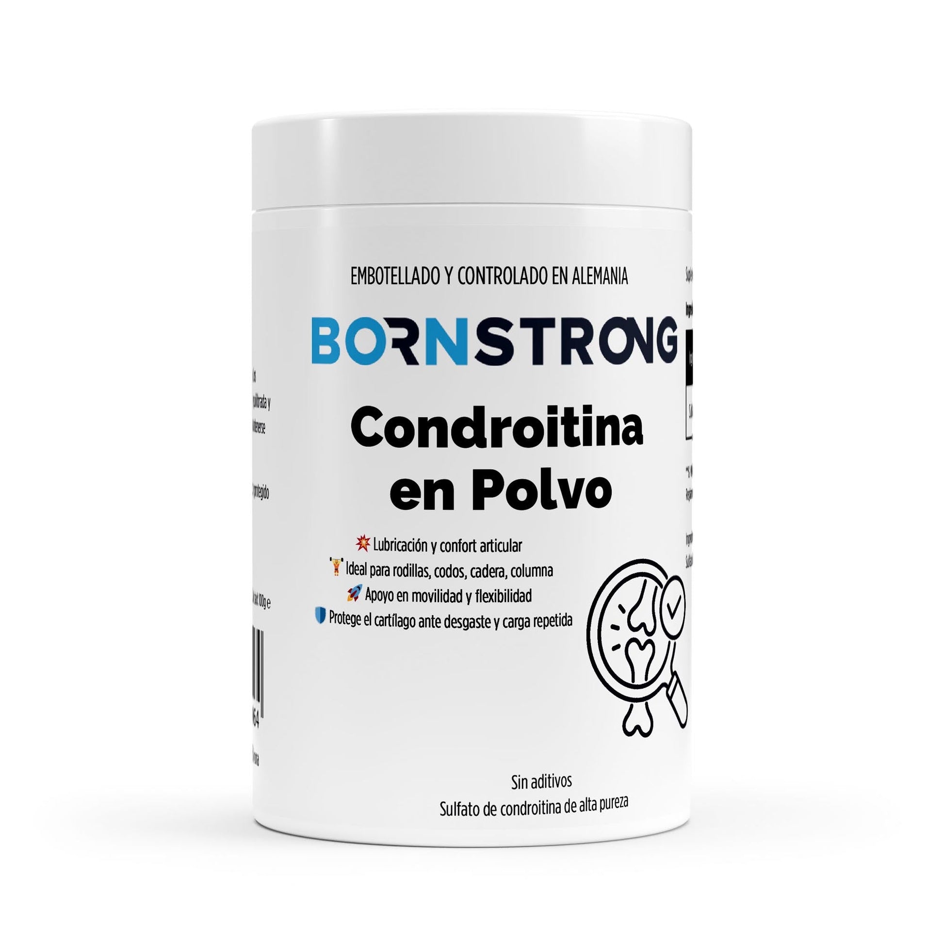 Polvo de condroitina de 100g de BORNSTRONG FITNESS, suplemento para articulaciones saludables, en envase con etiqueta visible