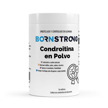 Polvo de condroitina de 100g de BORNSTRONG FITNESS, suplemento para articulaciones saludables, en envase con etiqueta visible