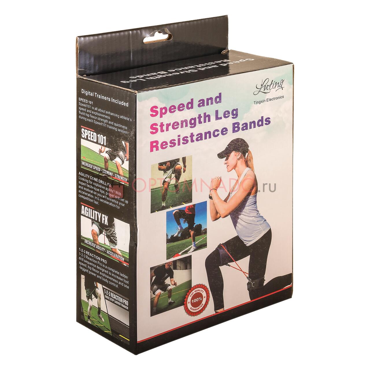 Cuatro bandas de resistencia elásticas para piernas de la marca innovagizmo.com, ideales para entrenamiento y ejercicio físico.