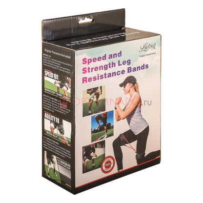 Cuatro bandas de resistencia elásticas para piernas de la marca innovagizmo.com, ideales para entrenamiento y ejercicio físico.