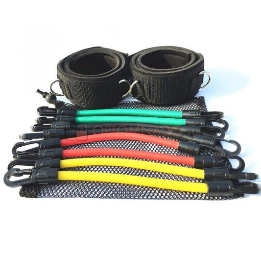 Cuatro bandas de resistencia elásticas para piernas en color rojo y azul, ideales para ejercicios de fortalecimiento y tonificación.