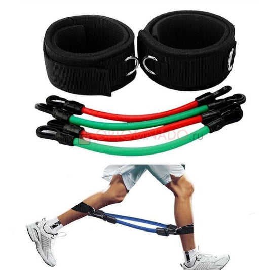 Cuatro bandas de resistencia elásticas para piernas de la marca innovagizmo.com, ideales para ejercicio y entrenamiento físico.