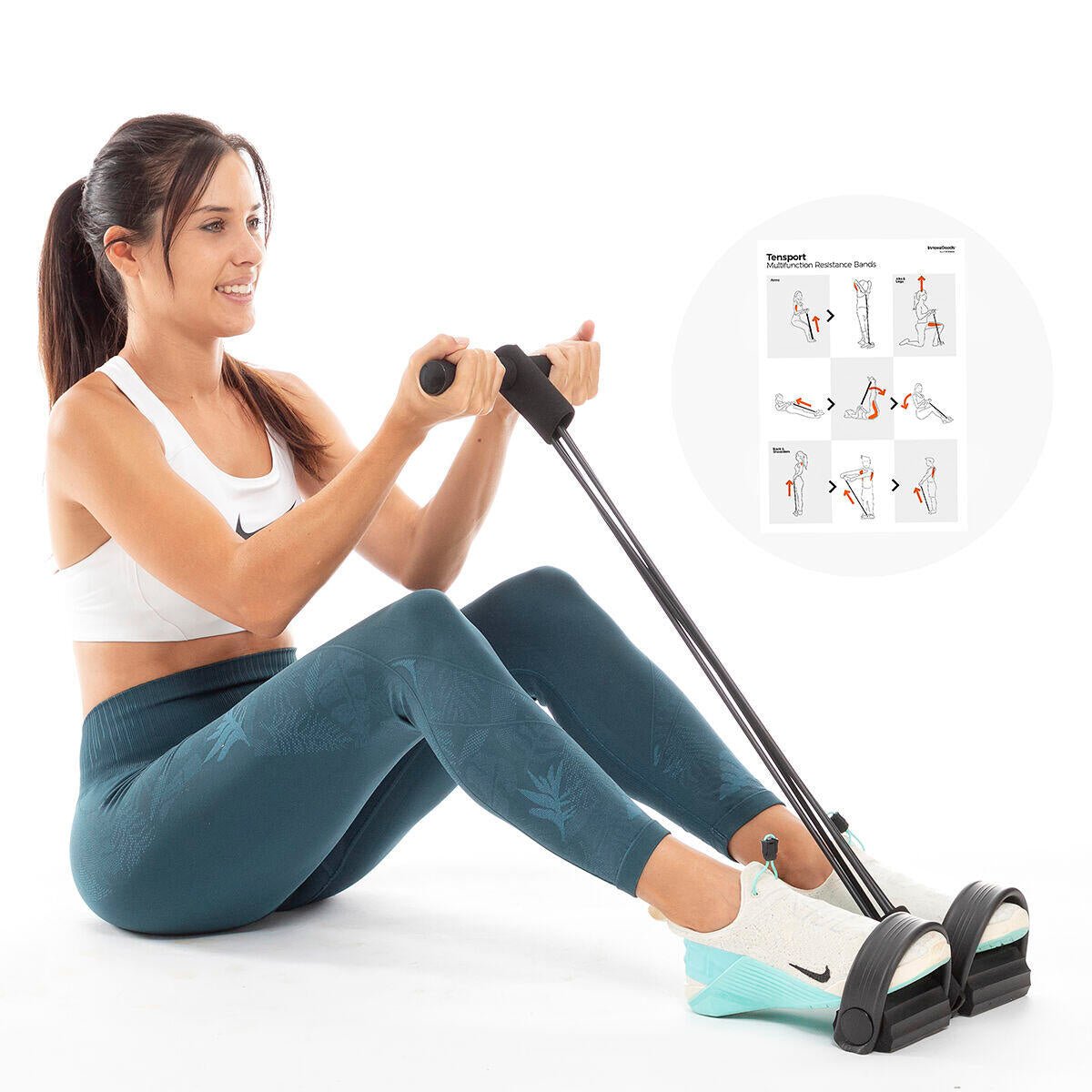 Bandas elásticas de resistencia multifunción innovagizmo con guía de ejercicios para entrenamiento en casa.