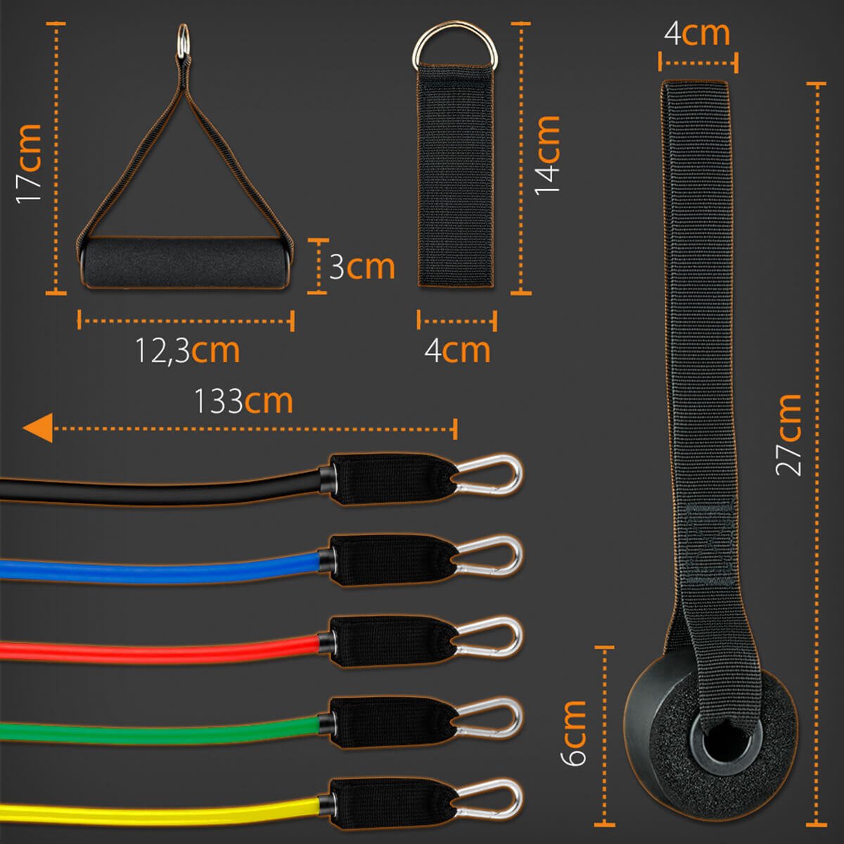 Set de 12 bandas de resistencia innovagizmo con 5 niveles y 10-30 lb, cinta elástica para ejercicio y entrenamiento físico.