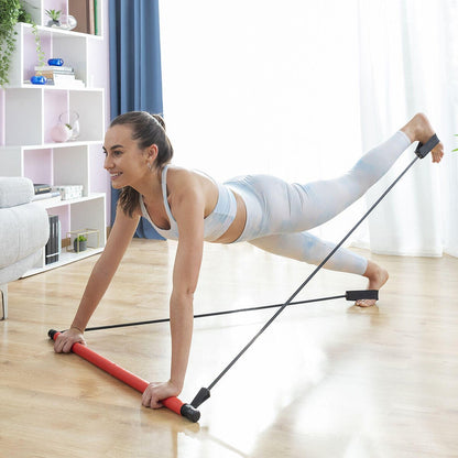 Barra de fitness con bandas elásticas y guía de ejercicios innovagizmo, ideal para entrenamiento en casa y tonificación muscular.