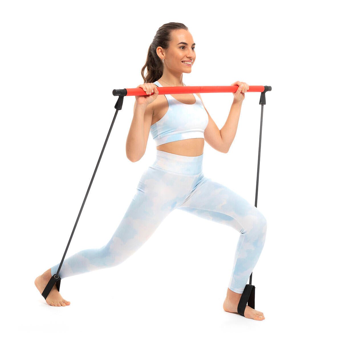 Barra de fitness con bandas elásticas y guía de ejercicios de Innovagizmo, ideal para entrenamiento en casa o en el gimnasio.