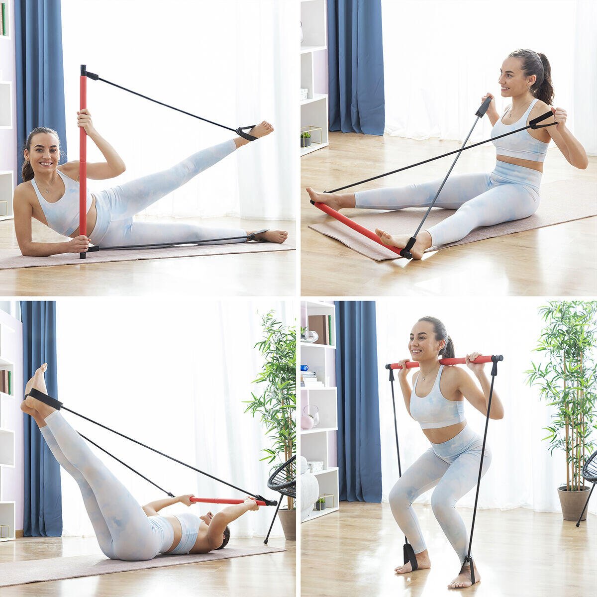 Barra de fitness con bandas elásticas y guía de ejercicios Resibar Innovagizmo para entrenamiento en casa.