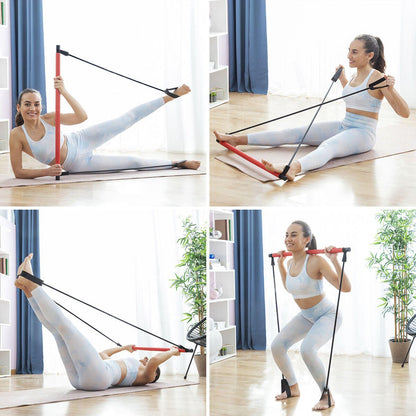 Barra de fitness con bandas elásticas y guía de ejercicios Resibar Innovagizmo para entrenamiento en casa.