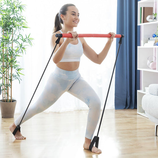 Barra de fitness con bandas elásticas y guía de ejercicios de Innovagizmo, ideal para entrenamiento en casa.