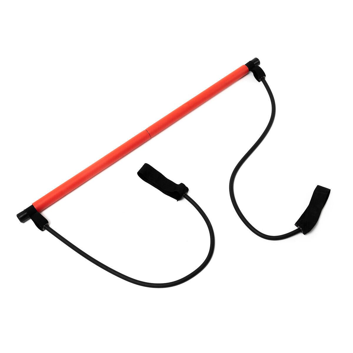 Barra de fitness con bandas elásticas y guía de ejercicios de innovagizmo, ideal para entrenamiento en casa y tonificación muscular.